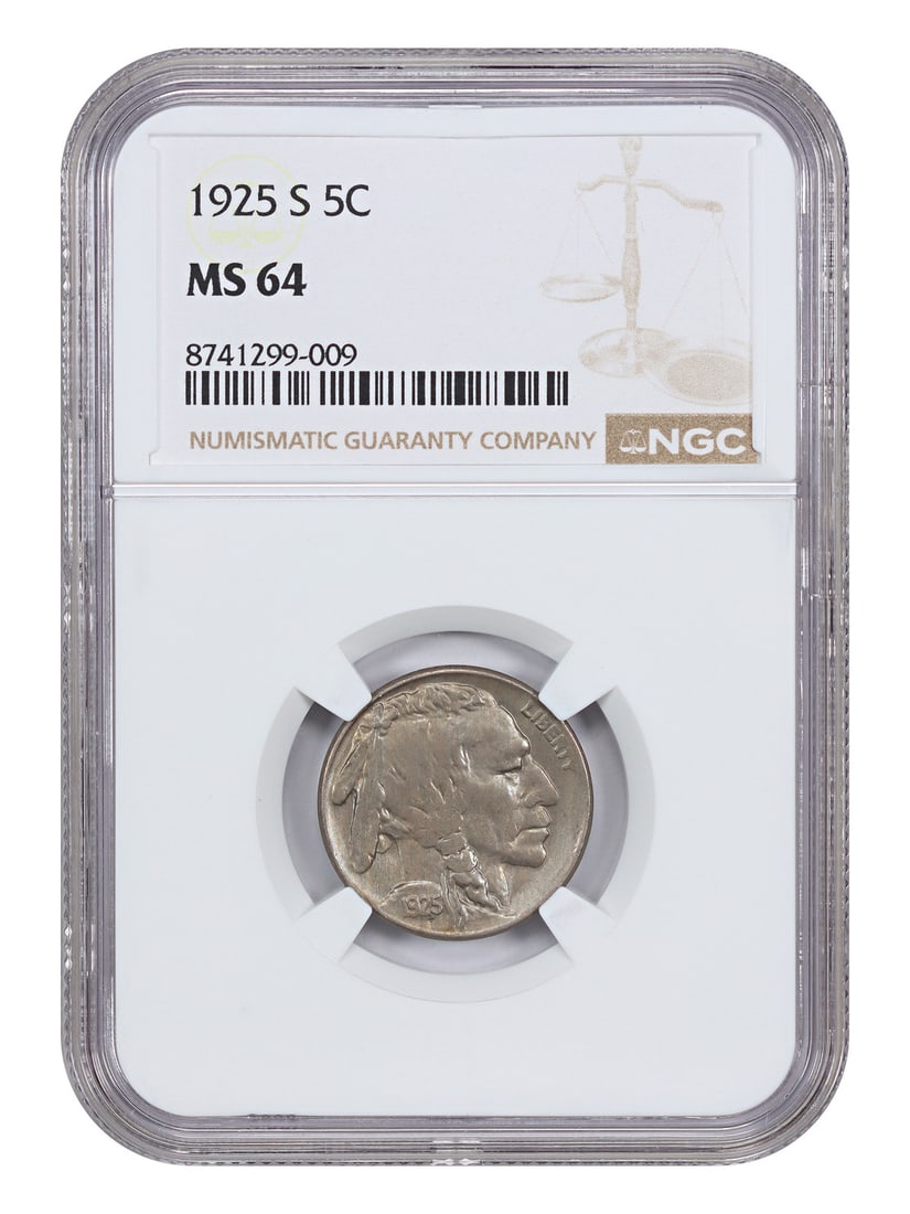1925 San Francisco Buffalo Nickel NGC MS64 Five Cent Coin: 1925 San Francisco Buffalo Nickel NGC MS64 Five Cent Coin This 1925-S Buffalo Nickel is graded MS64 by NGC and is an uncirculated example from the San Francisco Mint. Known for being a scarce date and