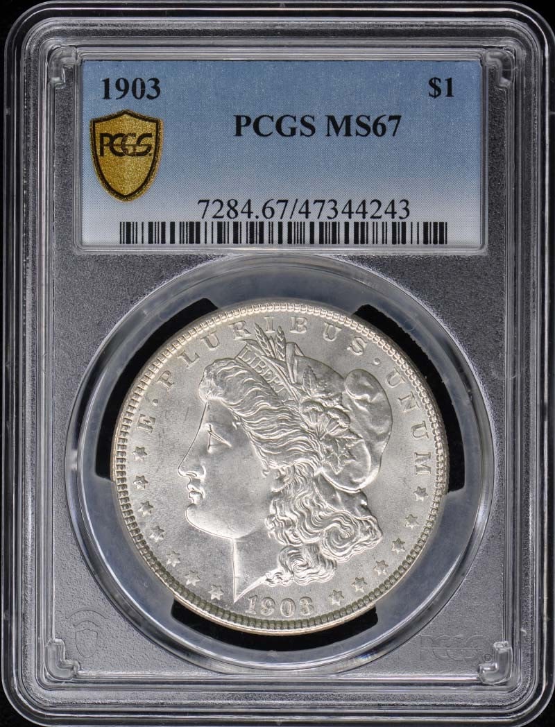 1903 Morgan Dollar PCGS MS67 Uncirculated Philadelphia Mint Coin: 1903 Morgan Dollar PCGS MS67 Uncirculated Philadelphia Mint Coin This 1903 Morgan Dollar is a remarkable piece, certified by PCGS with a grade of MS67, indicating its uncirculated condition. Struck at
