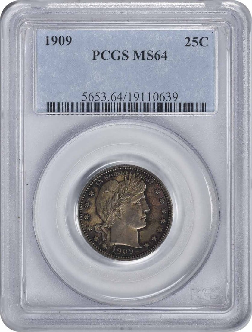 1909 Barber Silver Quarter MS64 PCGS Uncirculated 25C Coin: 1909 Barber Silver Quarter MS64 PCGS Uncirculated 25C Coin This 1909 Barber Silver Quarter is a stunning example of American coinage, holding a grade of MS64 from PCGS. With a composition of 90% silve