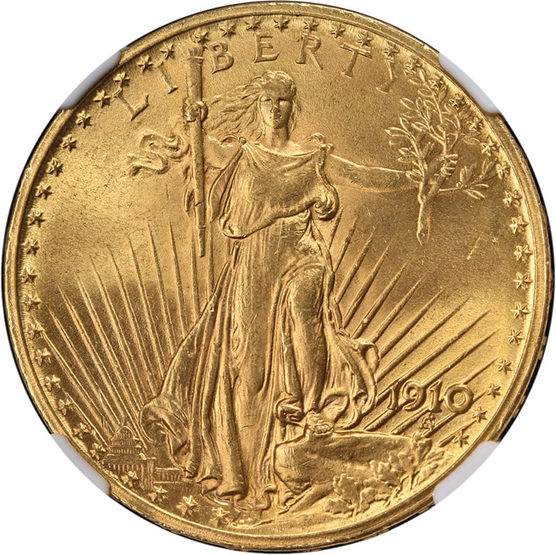 1910 Saint-Gaudens $20 Gold NGC MS64 Plus With CAC Sticker: 1910 Saint-Gaudens $20 Gold NGC MS64 Plus With CAC Sticker This 1910-P Saint-Gaudens Gold $20 coin is graded MS64+ by NGC and features a CAC sticker, indicating its superior quality for the grade. The