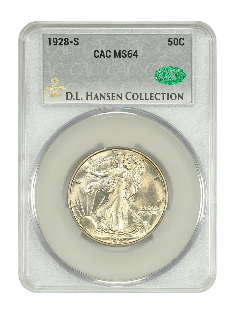 CACG MS64 1928-S Walking Liberty Half Dollar ex D.L. Hansen: CACG MS64 1928-S Walking Liberty Half Dollar ex D.L. Hansen This 1928-S Walking Liberty Half Dollar is a certified uncirculated coin graded MS64 by CACG. Minted in San Francisco, it features a crisp s