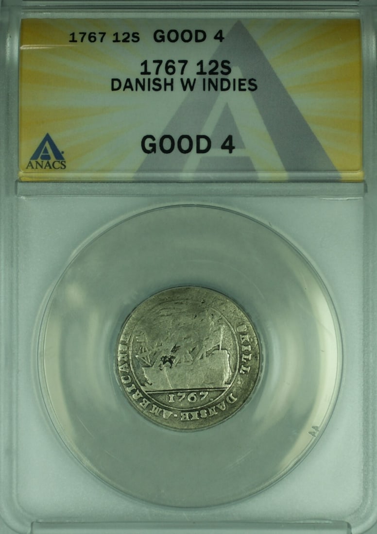 12 Skilling 1767 Danish West Indies Silver Coin ANACS Graded Good-4: 12 Skilling 1767 Danish West Indies Silver Coin ANACS Graded Good-4 1767 Danish West Indies 12 Skilling silver coin issued under King Christian VII. Certified by ANACS with a grade of Good-4, this cir