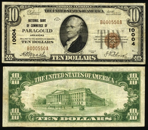1929 T-1 $10 National Bank Note Paragould AR Ch #10004: 1929 T-1 $10 National Bank Note Paragould AR Ch #10004 This 1929 T-1 National Bank Note from Paragould, AR, features a denomination of $10 and is graded as Very Fine (VF). It has been circulated and i