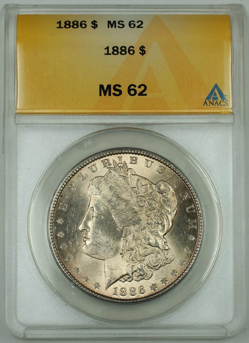 1886 Silver Morgan Dollar ANACS MS-62 Toned Philadelphia Uncirculated Coin: 1886 Silver Morgan Dollar ANACS MS-62 Toned Philadelphia Uncirculated Coin This 1886 Morgan Silver Dollar coin has been certified by ANACS with a grade of MS 62. It is an uncirculated, choice toned pi