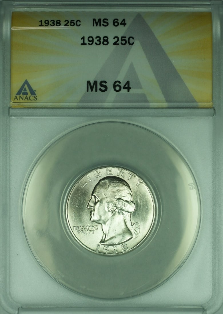 1938 ANACS MS-64 Silver 25C Washington Quarter Uncirculated: 1938 ANACS MS-64 Silver 25C Washington Quarter Uncirculated This is a 1938 Washington Silver Quarter with a denomination of 25 cents, certified by ANACS with a grade of MS-64. The coin was minted in P
