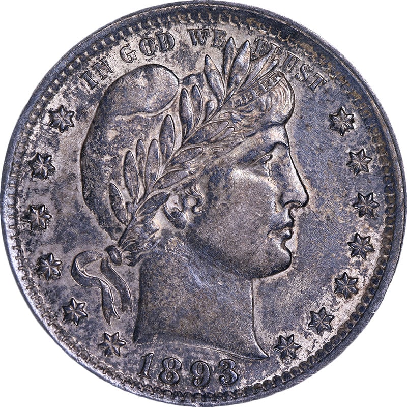 1893 Philadelphia Silver Barber Quarter Strong Strike Choice AU or BU: 1893 Philadelphia Silver Barber Quarter Strong Strike Choice AU or BU This 1893-P Barber Quarter boasts exceptional eye appeal, characterized by its attractive luster and strong strike. The coin displ