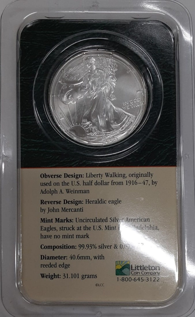 1 oz 2000 Silver American Eagle Dollar in Littleton Protective Display Case: 1 oz 2000 Silver American Eagle Dollar in Littleton Protective Display Case This is a 2000 American Silver Eagle $1 coin containing 1 troy ounce of .999 fine silver. The coin is uncirculated and comes