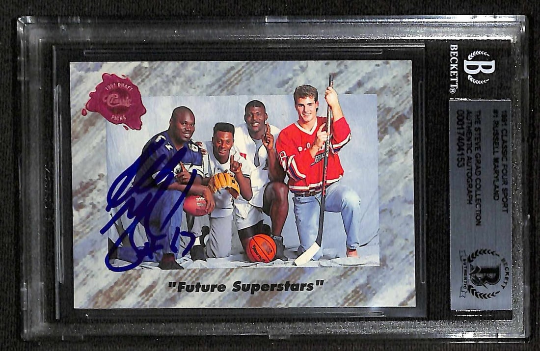 Russell Maryland Signed 1991 Classic Four Sport Card Beckett Authenticated: Russell Maryland Signed 1991 Classic Four Sport Card Beckett Authenticated This is an original autographed 1991 Classic Four Sport #1 trading card featuring Russell Maryland, the former defensive tack