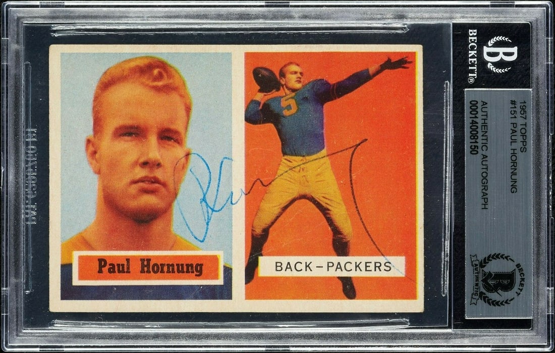 1957 Topps Paul Hornung Signed Rookie Card #151 BGS Authenticated: 1957 Topps Paul Hornung Signed Rookie Card #151 BGS Authenticated This 1957 Topps Paul Hornung Signed RC Rookie Football Card #151 is a remarkable collectible for any football enthusiast. Celebrated a