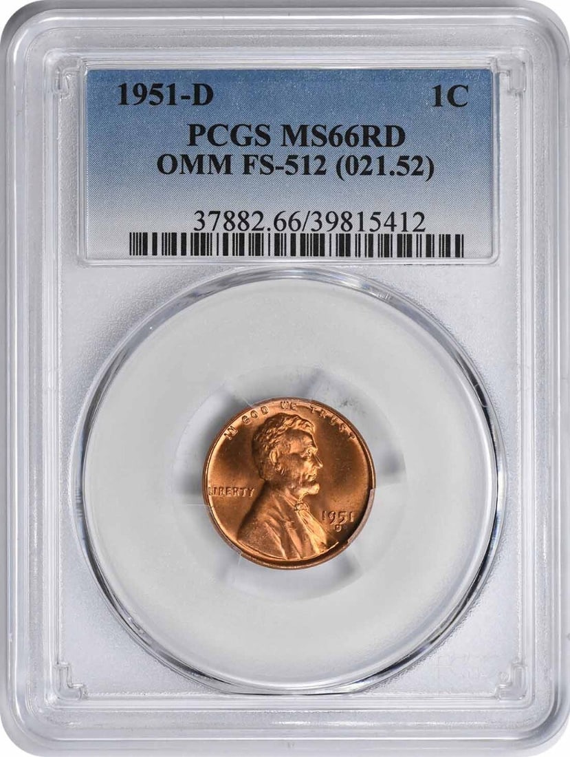 1951-D Lincoln Cent FS-512 MS66RD PCGS Uncirculated: 1951-D Lincoln Cent FS-512 MS66RD PCGS Uncirculated This 1951-D Lincoln Cent, designated FS-512 OMM, is a stunning example of numismatic craftsmanship. Graded MS66 by PCGS, this uncirculated coin feat