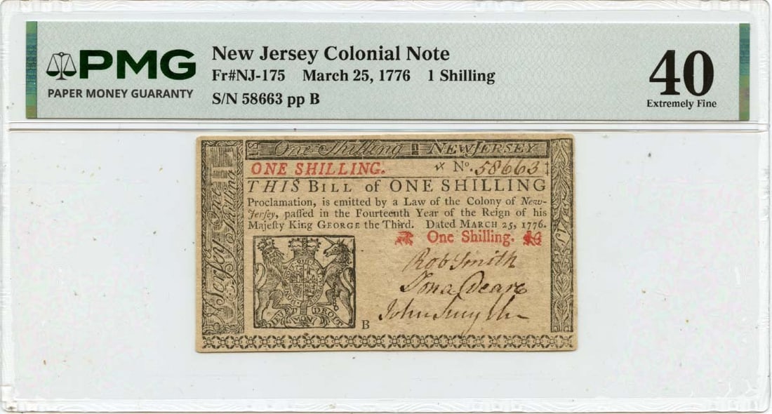 New Jersey 1 Shilling Colonial Currency 1776 PMG XF40 FR#NJ-175: New Jersey 1 Shilling Colonial Currency 1776 PMG XF40 FR#NJ-175 This 1776 March 25 New Jersey Colonial Note is a 1 shilling denomination currency, certified by PMG with an XF40 grade. Issued during th