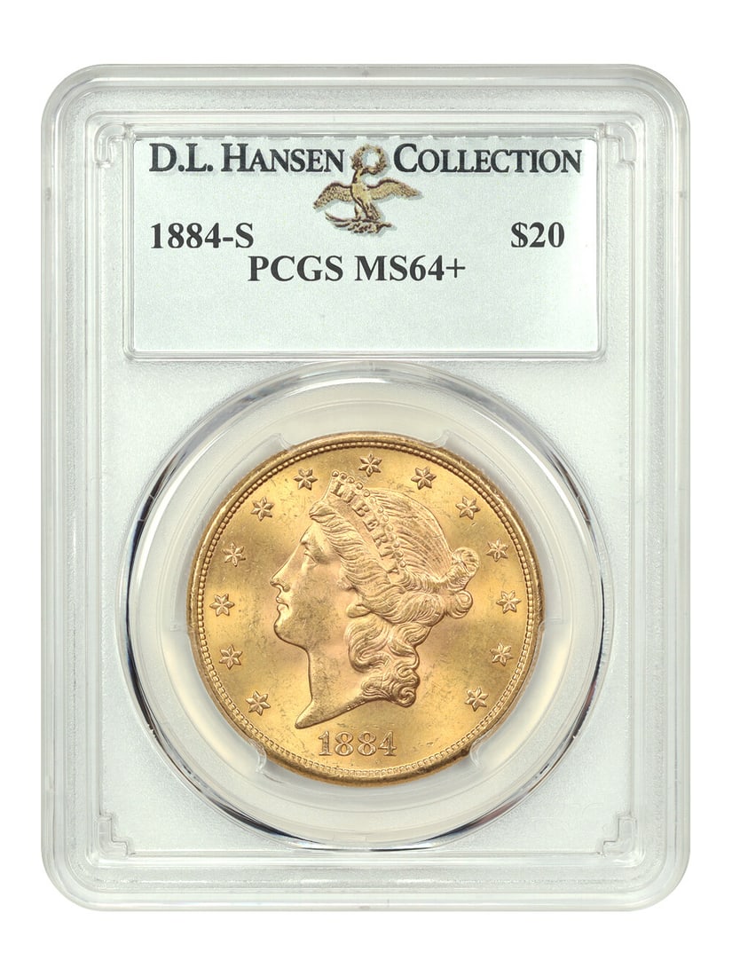 1884-S $20 Liberty Head Gold Coin PCGS MS64+ Gem Quality: 1884-S $20 Liberty Head Gold Coin PCGS MS64+ Gem Quality This stunning 1884-S $20 Liberty Head gold coin, certified by PCGS with a grade of MS64+, is a remarkable piece for any numismatist. Featuring