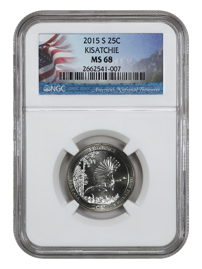 2015-S 25C Kisatchie National Park NGC MS68 Clad Quarter: 2015-S 25C Kisatchie National Park NGC MS68 Clad Quarter This 2015-S 25C Kisatchie National Park coin is graded NGC MS68, indicating an uncirculated condition with exceptional quality. Struck at the S