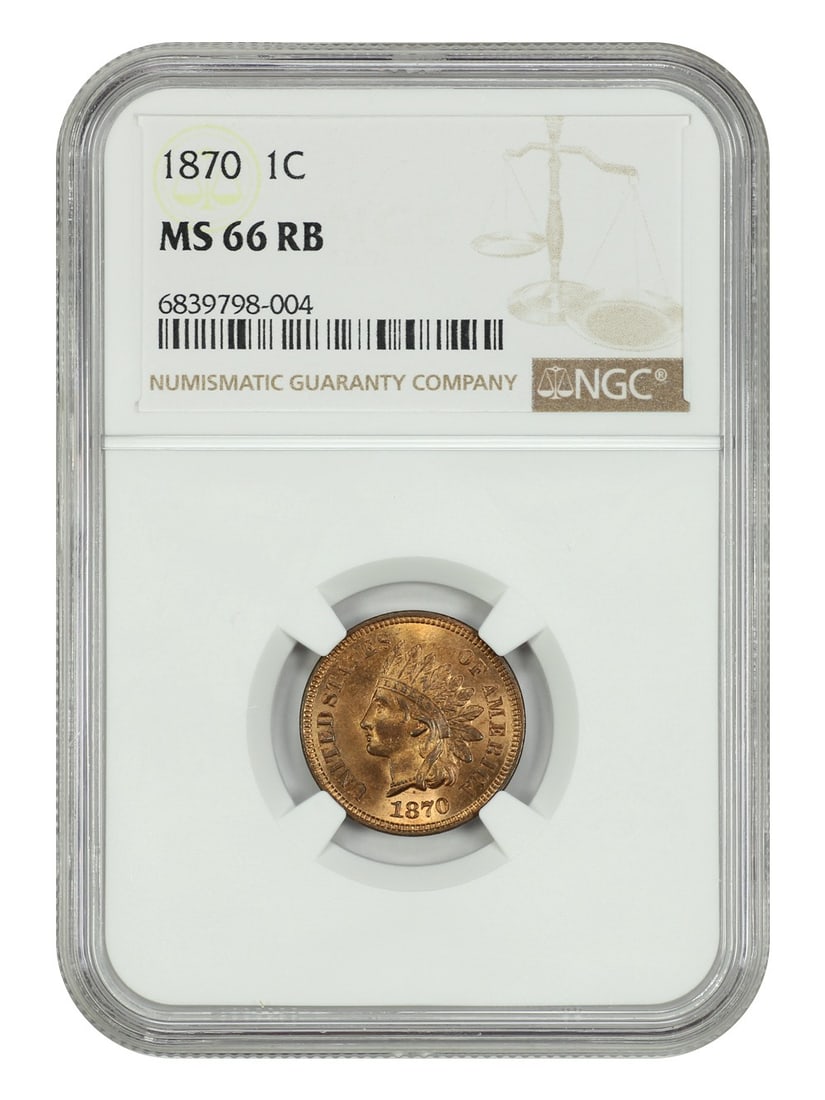 NGC MS66RB 1870 Indian Head Cent Philadelphia Uncirculated: NGC MS66RB 1870 Indian Head Cent Philadelphia Uncirculated This 1870 Indian Cent is certified by NGC as MS66RB, indicating it is uncirculated with a grade of 66 and a Red Brown designation. Struck in