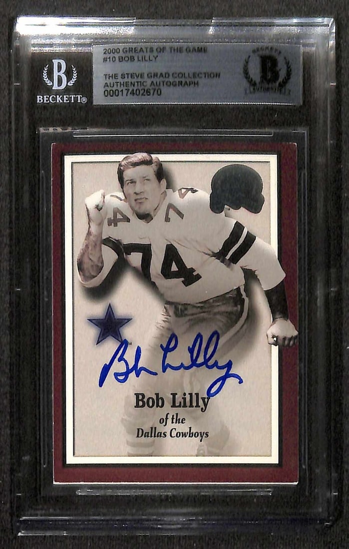 Autographed 2000 Greats of the Game Card 10 Bob Lilly Beckett Authenticated: Autographed 2000 Greats of the Game Card 10 Bob Lilly Beckett Authenticated This is an original 2000 Greats of the Game #10 sports trading card, autographed in blue permanent marker by Dallas Cowboys