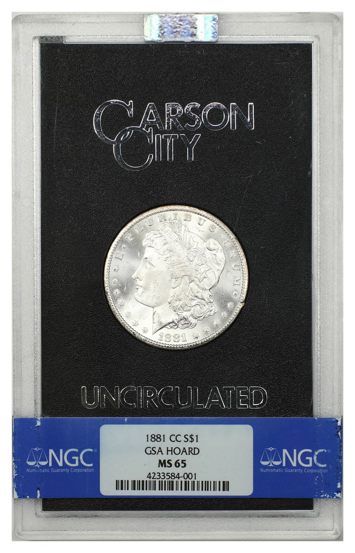 1881 Carson City Morgan Silver Dollar NGC MS65 GSA Holder: 1881 Carson City Morgan Silver Dollar NGC MS65 GSA Holder This is an uncirculated 1881-CC Morgan Dollar graded MS65 by NGC. Struck at the Carson City Mint, this pre-owned coin is part of the Morgan Do