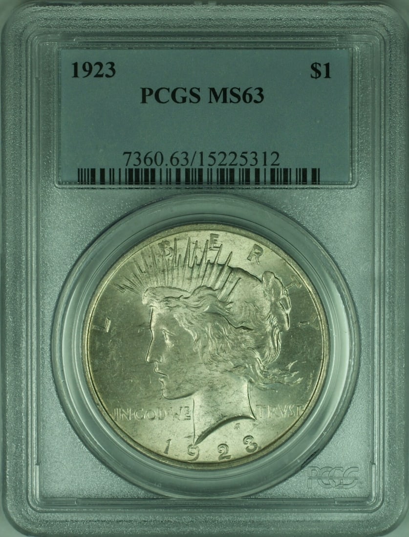 PCGS MS63 1923 Silver Peace Dollar Light Toning Philadelphia Mint: PCGS MS63 1923 Silver Peace Dollar Light Toning Philadelphia Mint This is a 1923 Peace Silver Dollar $1 coin from the United States, certified by PCGS with a grade of MS-63. The coin features light to