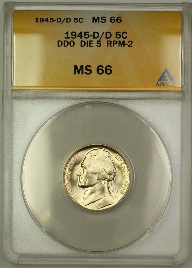 ANACS MS-66 1945 Denver RPM-2 DDO Silver Jefferson Wartime Nickel 5c Coin: ANACS MS-66 1945 Denver RPM-2 DDO Silver Jefferson Wartime Nickel 5c Coin This 1945-D/D RPM-2 DDO DIE 5 Jefferson Nickel is a wartime silver 5-cent coin from the United States, minted in Denver. It is