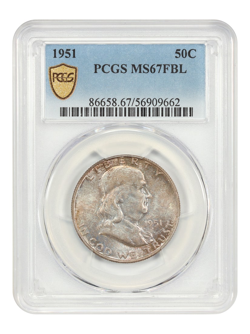 PCGS MS67FBL 1951 Franklin 50C Uncirculated Half Dollar: PCGS MS67FBL 1951 Franklin 50C Uncirculated Half Dollar This 1951 Franklin Half Dollar is graded MS67FBL by PCGS and features Full Bell Lines. Struck at the Philadelphia Mint, this uncirculated coin d
