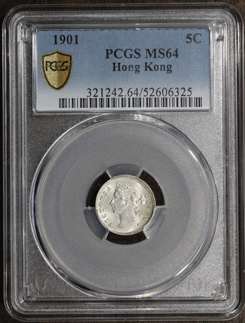 1901 Hong Kong British Colony 5 Cents MS64 PCGS Uncirculated Silver Coin: 1901 Hong Kong British Colony 5 Cents MS64 PCGS Uncirculated Silver Coin This stunning 1901 Hong Kong British Colony 5 Cents coin is graded MS 64 by PCGS, indicating its exceptional quality within the