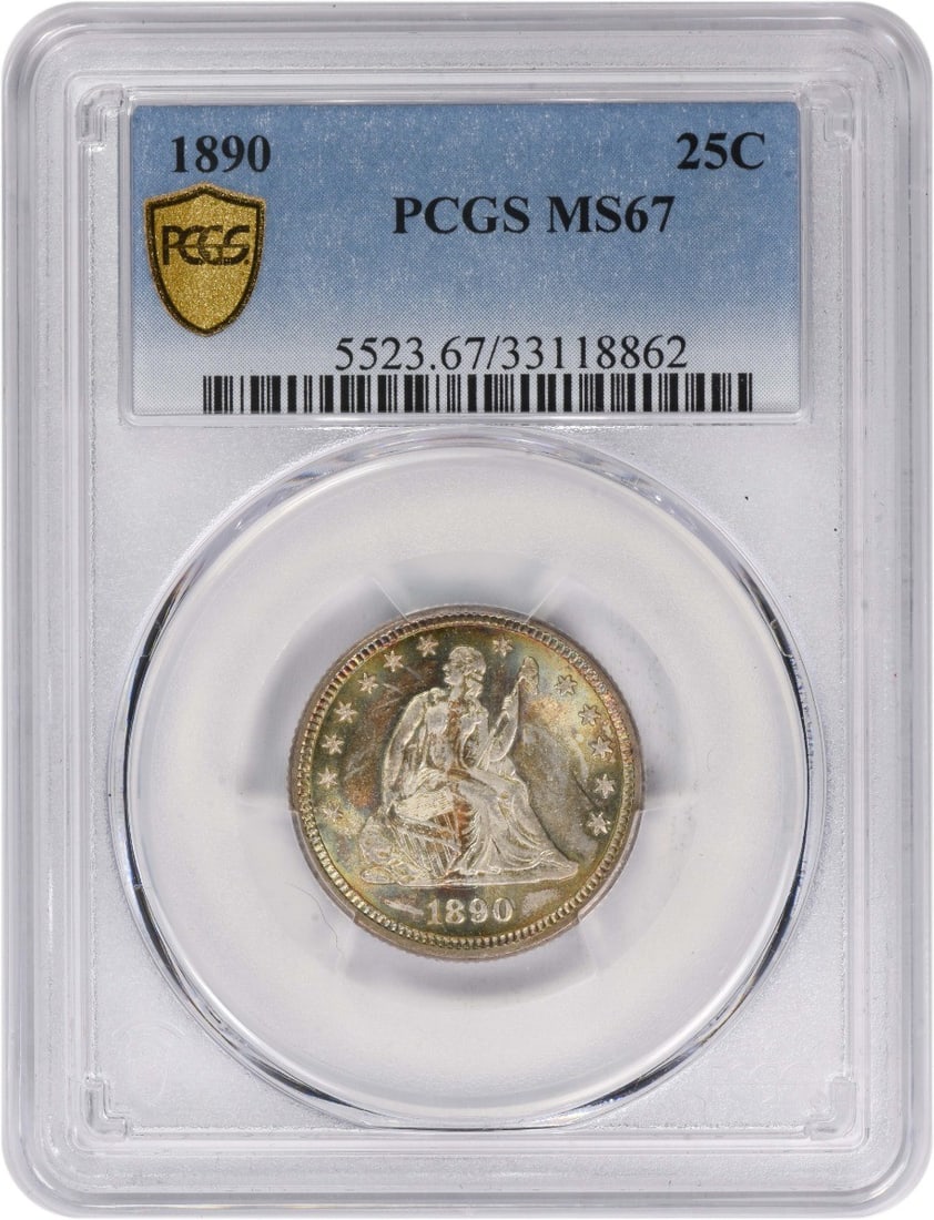 MS67 PCGS Certified 1890 Seated Liberty Silver 25 Cent Coin: MS67 PCGS Certified 1890 Seated Liberty Silver 25 Cent Coin This 1890 Liberty Seated Silver Quarter is graded MS67 by PCGS, indicating an uncirculated condition. Struck at the Philadelphia Mint, this