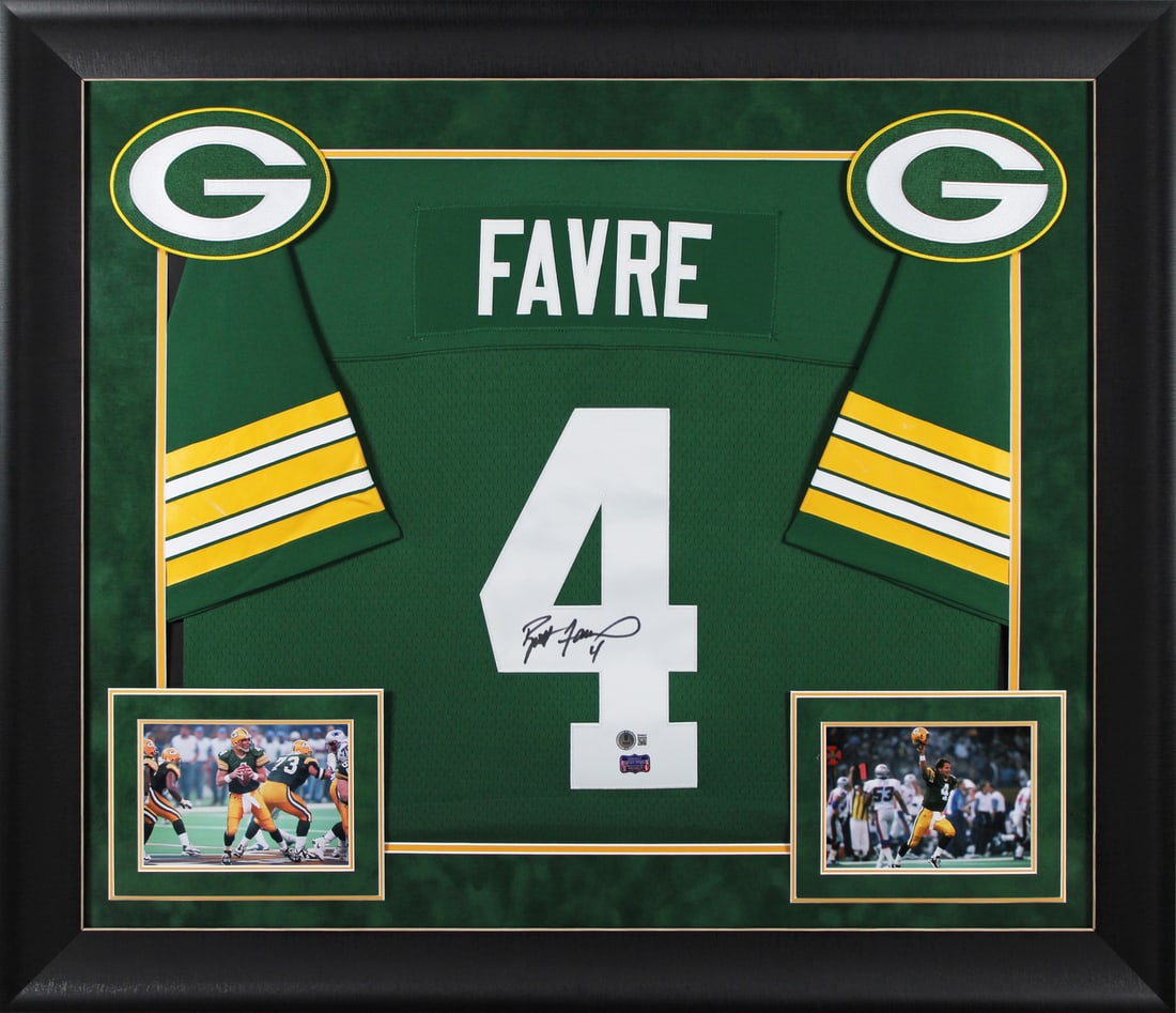 Brett Favre Signed Green 1996 Throwback Framed Jersey BAS Authenticated: Brett Favre Signed Green 1996 Throwback Framed Jersey BAS Authenticated Celebrate the legacy of Brett Favre with this stunning, autographed Green Bay Packers 1996 Mitchell & Ness Throwback Framed Jers