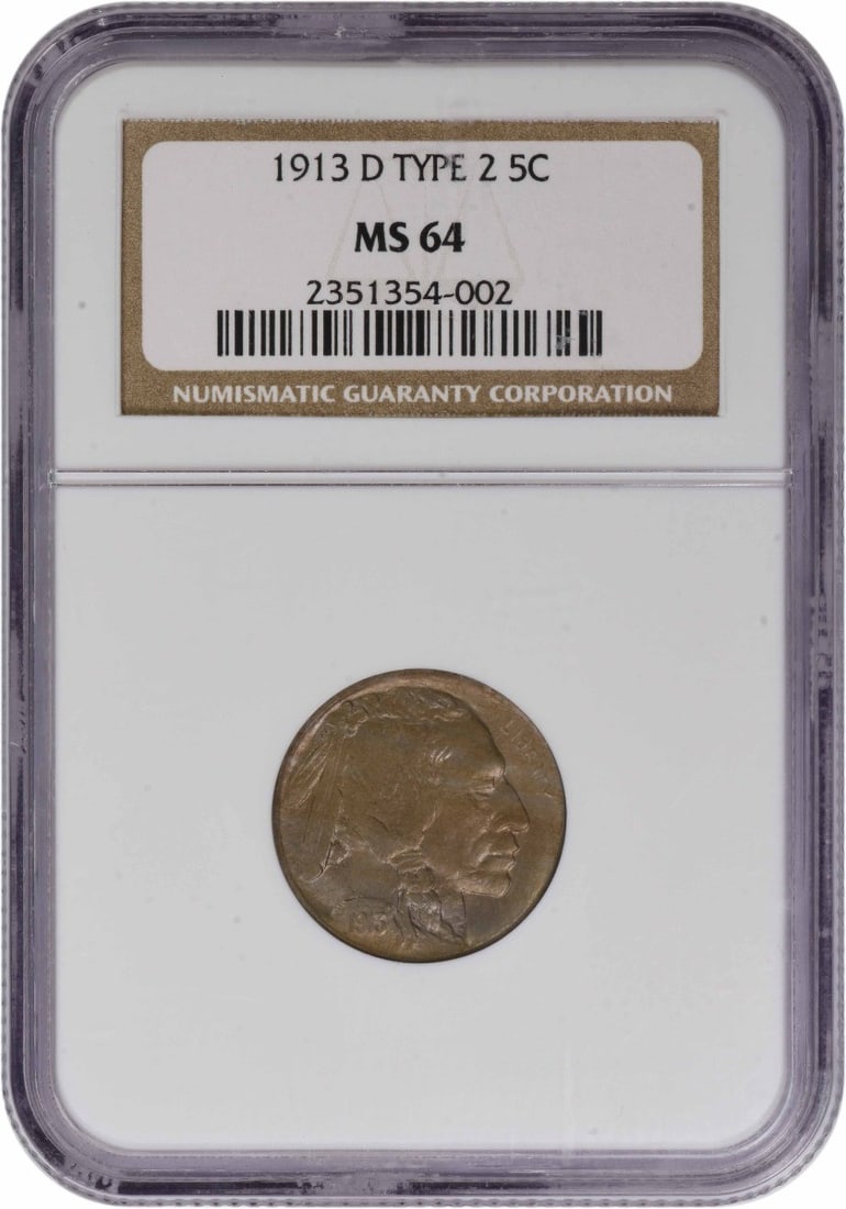 1913 Denver Buffalo Nickel NGC MS64 Certified Five Cent Coin: 1913 Denver Buffalo Nickel NGC MS64 Certified Five Cent Coin This 1913-D Buffalo Nickel Type 2 is graded MS64 by NGC and remains uncirculated. Struck at the Denver Mint, this coin features the classic