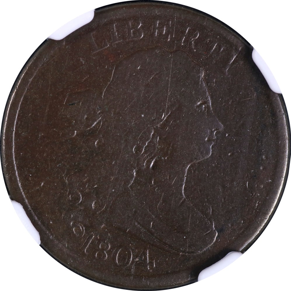 1804 Half Cent Crosslet 4 Stems NGC G6 BN Nice Eye Appeal: 1804 Half Cent Crosslet 4 Stems NGC G6 BN Nice Eye Appeal This 1804 Half Cent Crosslet 4 With Stems is a remarkable piece with a pleasing eye appeal and well-defined strike. Made of copper, this circu
