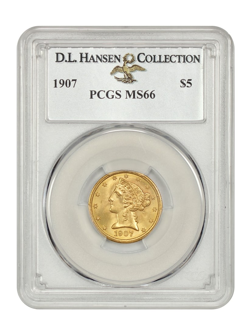 1907 PCGS MS66 Liberty Head $5 Gold Coin D.L. Hansen: 1907 PCGS MS66 Liberty Head $5 Gold Coin D.L. Hansen This stunning 1907 Liberty Head $5 gold coin is graded MS66 by PCGS, showcasing its uncirculated condition. Minted in Philadelphia, this piece belo