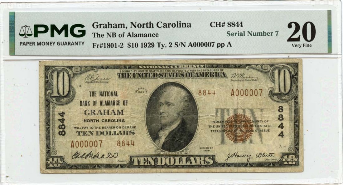 PMG VF20 1929 $10 National Currency Note Graham North Carolina FR1801-2: PMG VF20 1929 $10 National Currency Note Graham North Carolina FR1801-2 This is a 1929 $10 National Bank Note from the National Bank of Alamance in Graham, North Carolina, cataloged as FR#1801-2. The