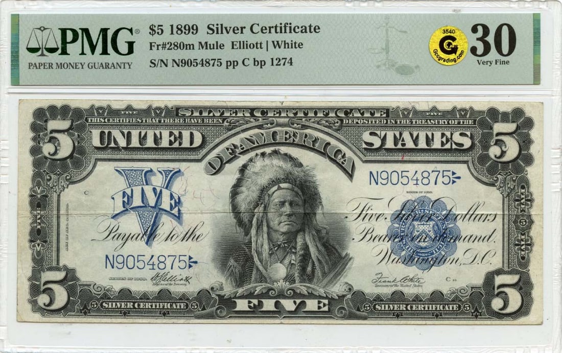 PMG VF30 1899 Mule $5 Silver Certificate Fr280m Gold Chief Note: PMG VF30 1899 Mule $5 Silver Certificate Fr280m Gold Chief Note This 1899 $5 Silver Certificate features a striking blue seal and is known as the Mule variety (Fr# 280m). Authenticated and graded as V