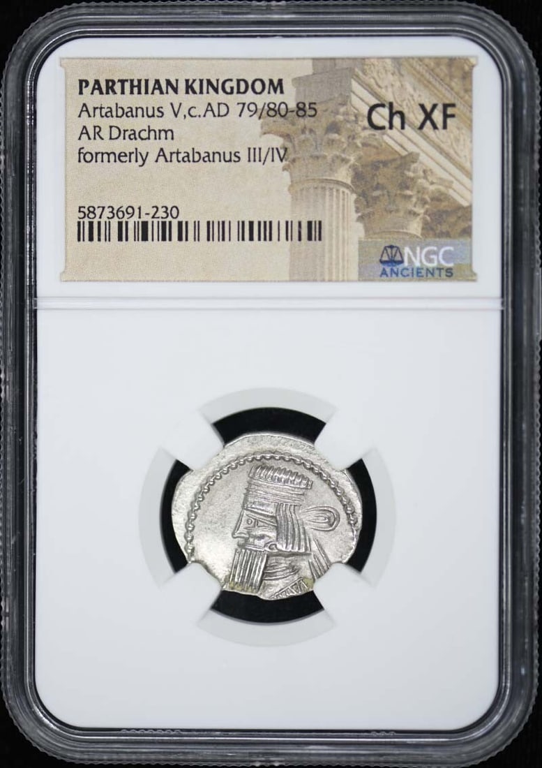Parthian Kingdom Silver Drachm Artabanus V NGC XF45 Certified Coin: Parthian Kingdom Silver Drachm Artabanus V NGC XF45 Certified Coin This Parthian Kingdom AR Drachm features Artabanus V, who ruled circa AD 79/80-85. The coin has been professionally graded XF45 by NG