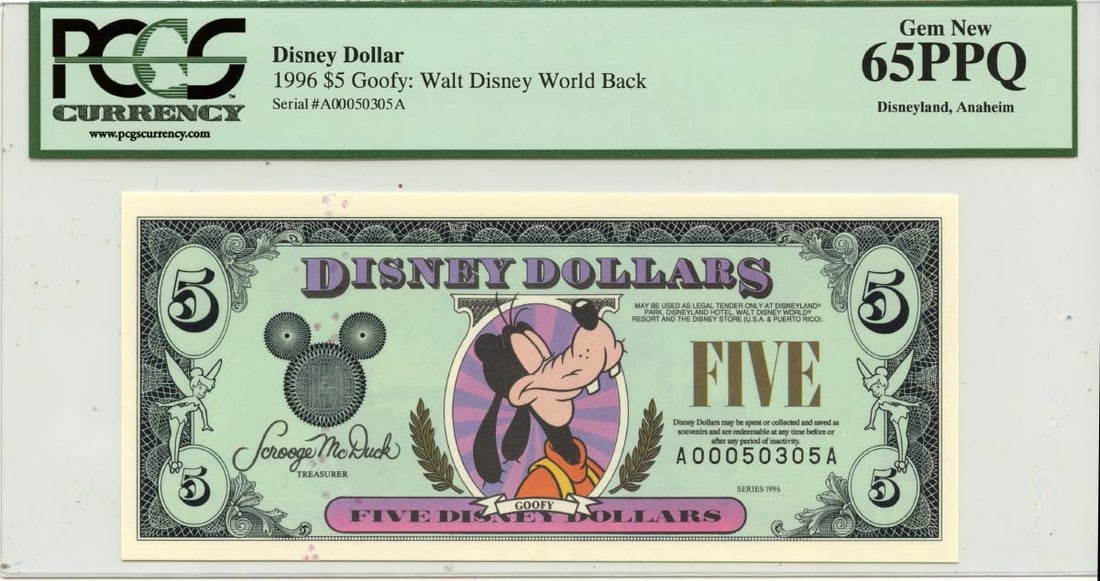 1996 $5 Disney Dollar Goofy PCGS MS65 Uncirculated Note: 1996 $5 Disney Dollar Goofy PCGS MS65 Uncirculated Note This is a 1996 $5 Goofy note from Walt Disney World, certified by PCGS Currency with a certification number of 80494824. The note is graded MS65