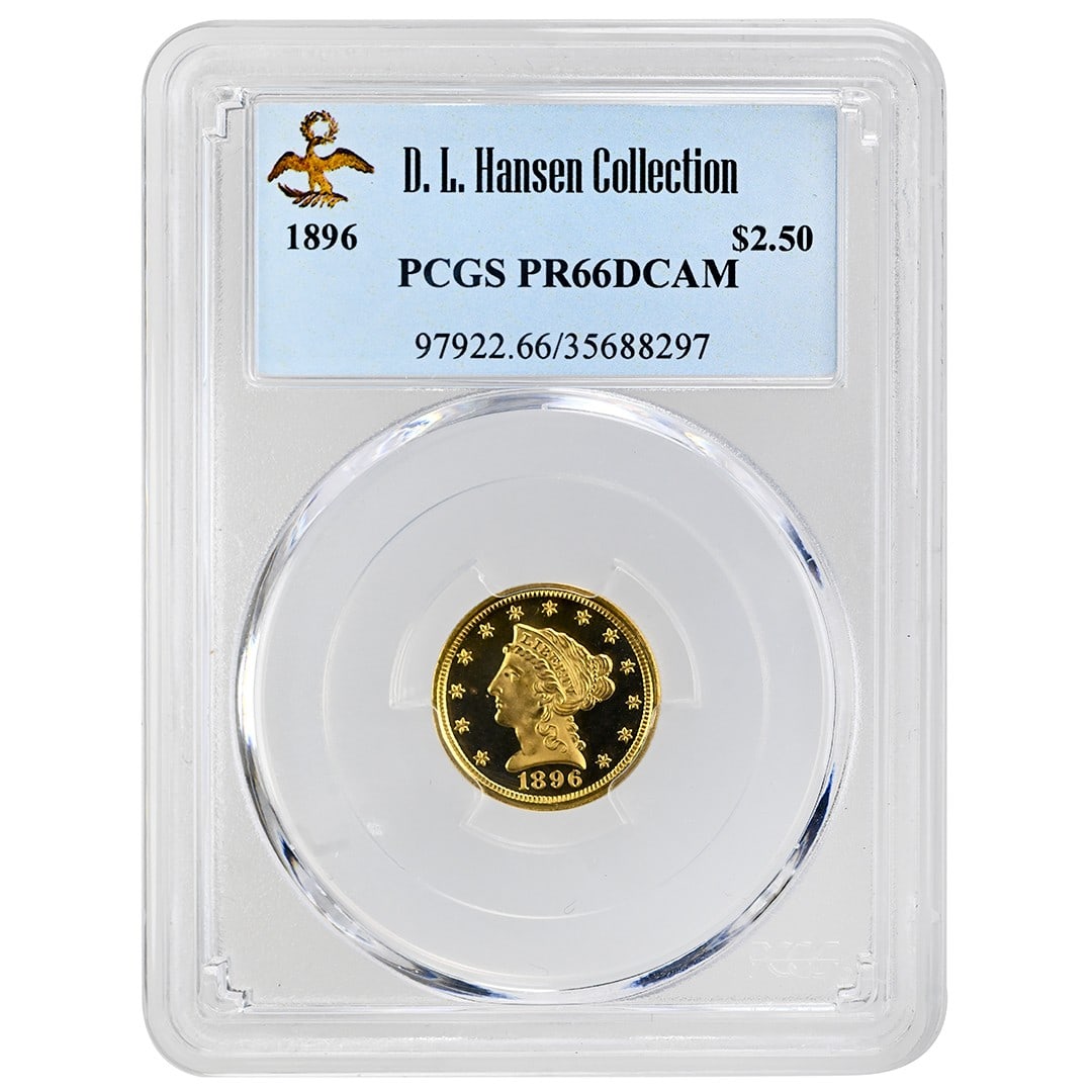 Proof 1896 $2.50 Quarter Eagle Gold Coin PCGS PR66DCAM Deep Cameo: Proof 1896 $2.50 Quarter Eagle Gold Coin PCGS PR66DCAM Deep Cameo This is a rare 1896 $2.50 Liberty Head quarter eagle gold coin, minted in Philadelphia and graded PR66DCAM by PCGS. It features a stro