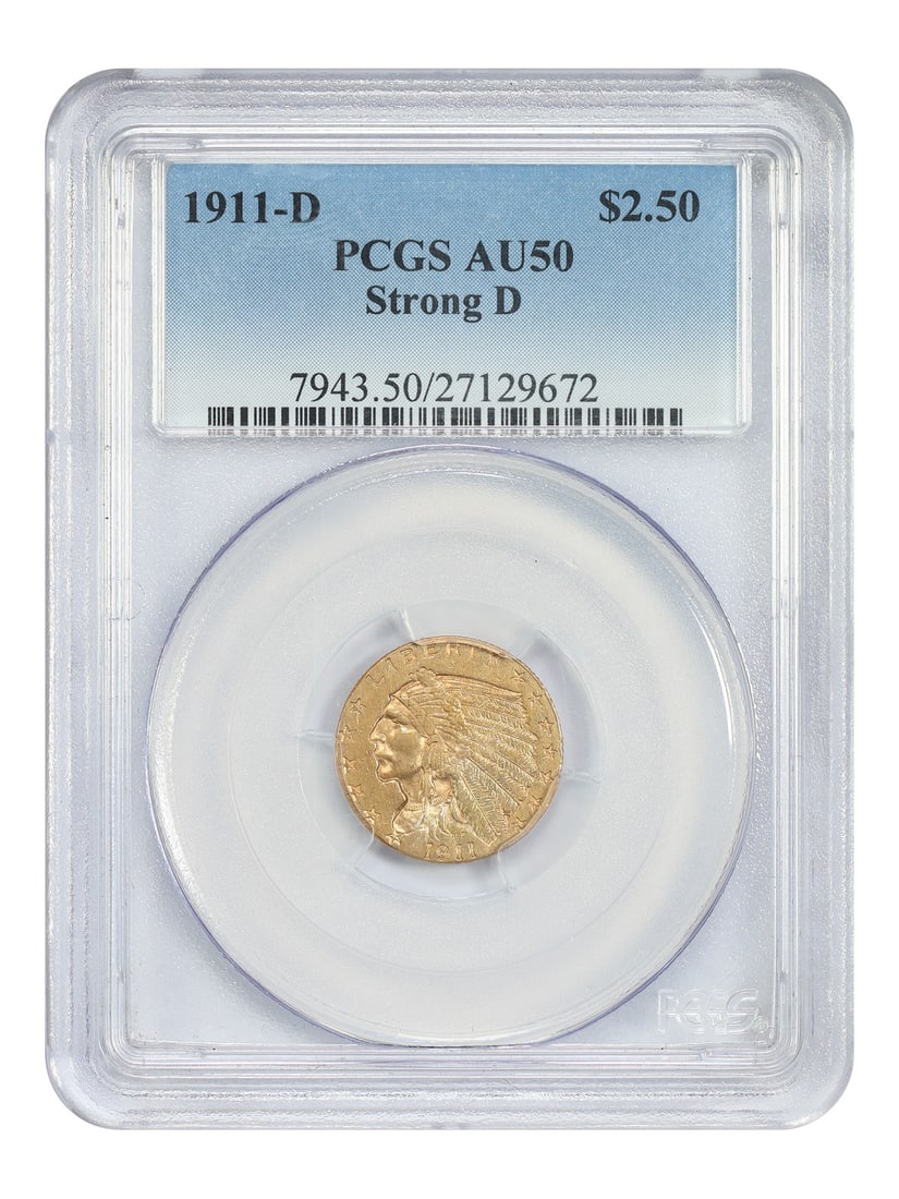 Key Date 1911-D Indian $2.50 Gold Quarter Eagle PCGS AU50 Strong D: Key Date 1911-D Indian $2.50 Gold Quarter Eagle PCGS AU50 Strong D This 1911-D Indian Head $2.50 gold coin is graded AU50 by PCGS and features a strong D mintmark. As the key date in the Indian Head q