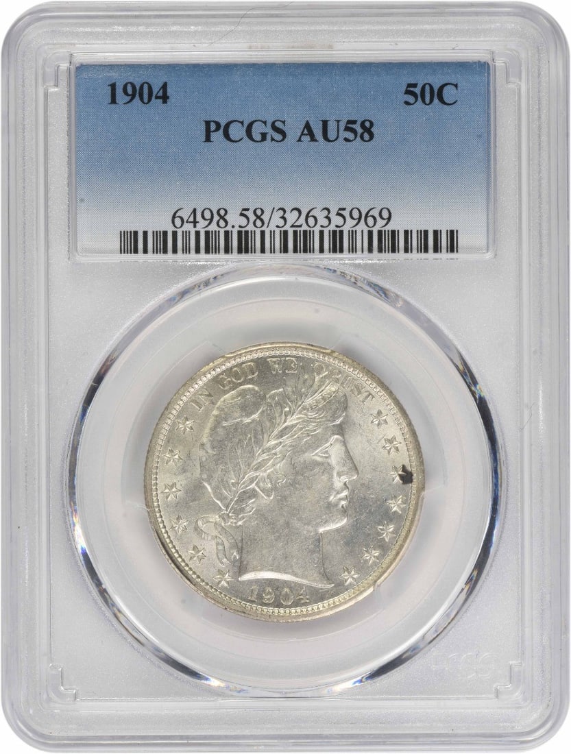PCGS AU58 1904 Barber Half Dollar Philadelphia 90% Silver Coin: PCGS AU58 1904 Barber Half Dollar Philadelphia 90% Silver Coin This 1904 Barber Half Dollar is graded AU58 by PCGS, indicating it is an attractive, lightly circulated coin. Composed of 90% silver and