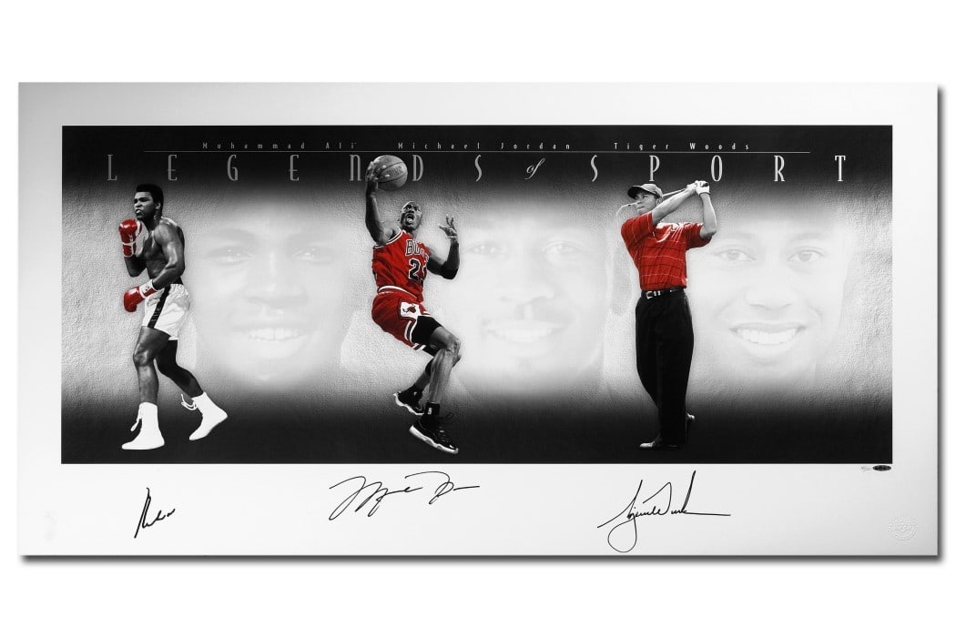 Michael Jordan Muhammad Ali Tiger Woods Autographed Print 49x25 Limited Edition 100: Michael Jordan Muhammad Ali Tiger Woods Autographed Print 49x25 Limited Edition 100 This stunning lithograph poster features a unique collage of legendary athletes Muhammad Ali, Michael Jordan, and Ti
