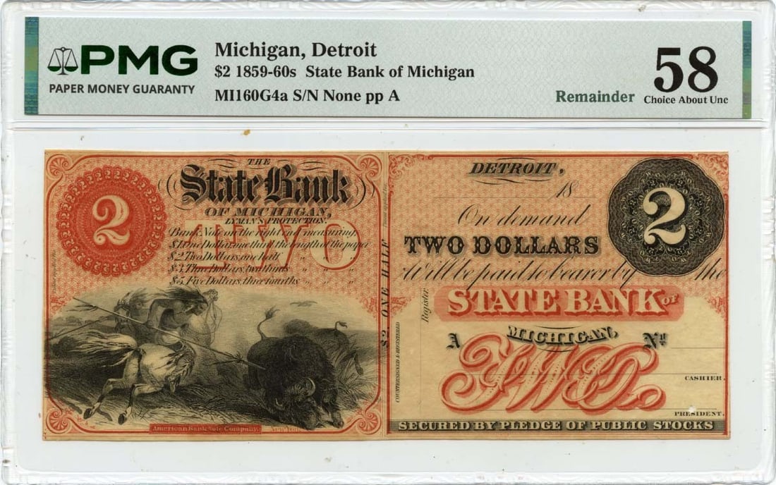 State Bank of Michigan $2 Obsolete Currency Note PMG AU58 1859-1860 Detroit: State Bank of Michigan $2 Obsolete Currency Note PMG AU58 1859-1860 Detroit This is an 1859-1860s $2 obsolete banknote from the State Bank of Michigan, Detroit. The note is certified by PMG with a gra