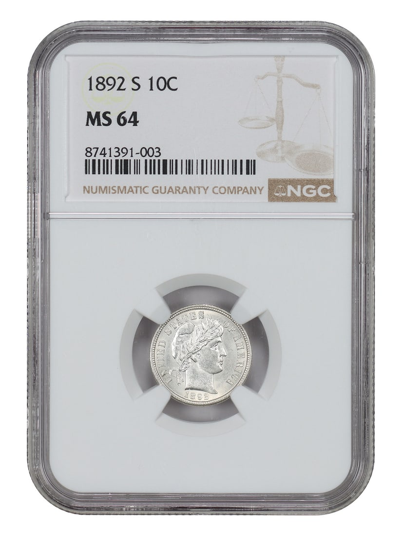 San Francisco Mint 1892 Barber Dime NGC MS64 Certified 10C Coin: San Francisco Mint 1892 Barber Dime NGC MS64 Certified 10C Coin This 1892-S Barber Dime is an uncirculated coin graded MS64 by NGC. Struck in San Francisco during the first year of issue, it is a nota