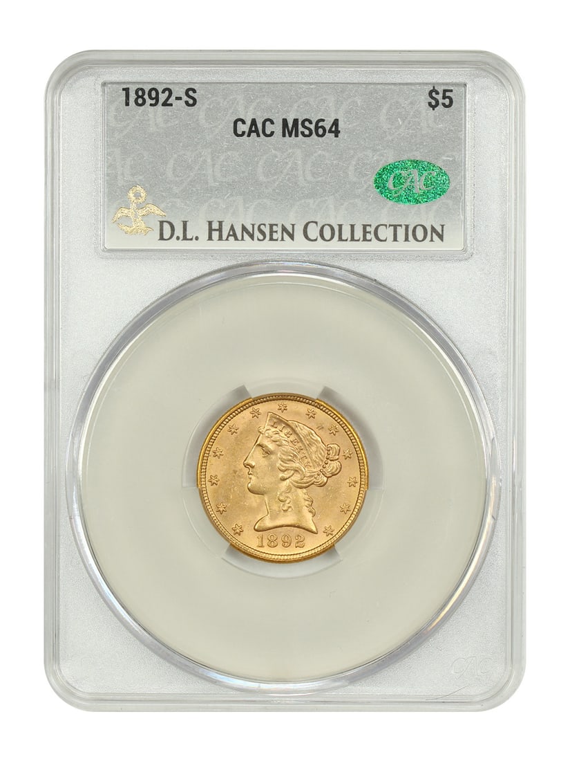 1892-S Liberty Head $5 Coin CACG MS64 Rare Uncirculated: 1892-S Liberty Head $5 Coin CACG MS64 Rare Uncirculated This 1892-S Liberty Head $5 gold coin is graded MS64 by CACG, making it an excellent addition for collectors. With a denomination of $5 and orig