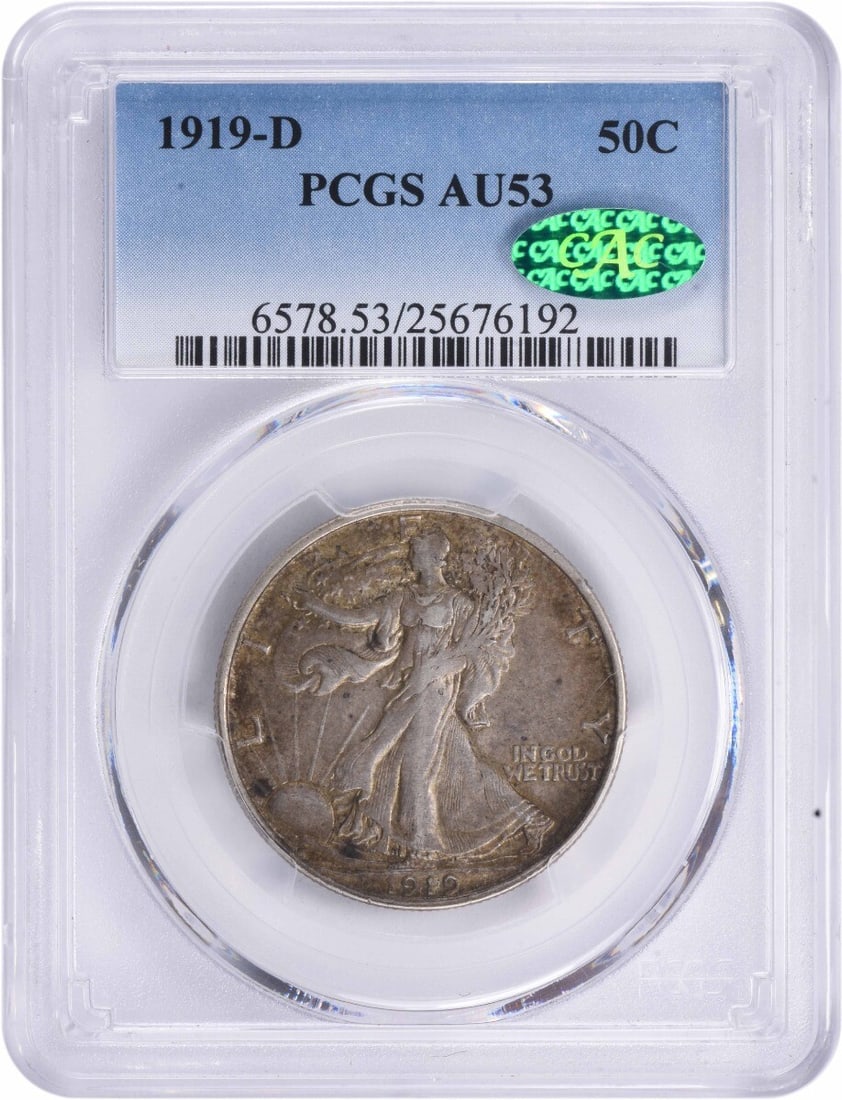 1919-D Walking Liberty Half Dollar AU53 PCGS Certified Silver Coin: 1919-D Walking Liberty Half Dollar AU53 PCGS Certified Silver Coin This 1919-D Walking Liberty Silver Half Dollar is certified by PCGS and graded AU53, indicating that it has been well-preserved while