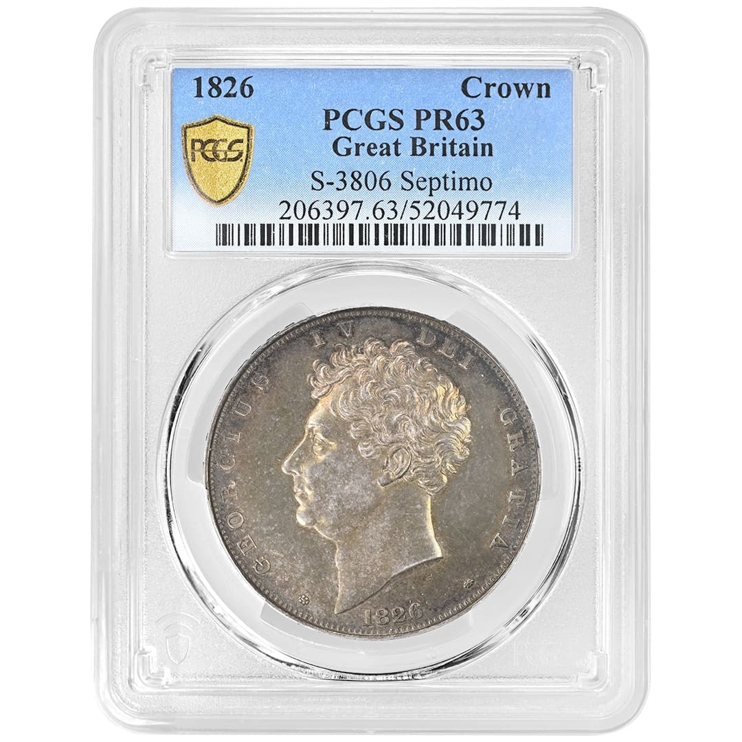 George IV 1826 Silver Crown United Kingdom PCGS PR63 Septimo Certified: George IV 1826 Silver Crown United Kingdom PCGS PR63 Septimo Certified This 1826 Crown from Great Britain features George IV and is certified by PCGS with a PR63 grade. The coin is composed of silver