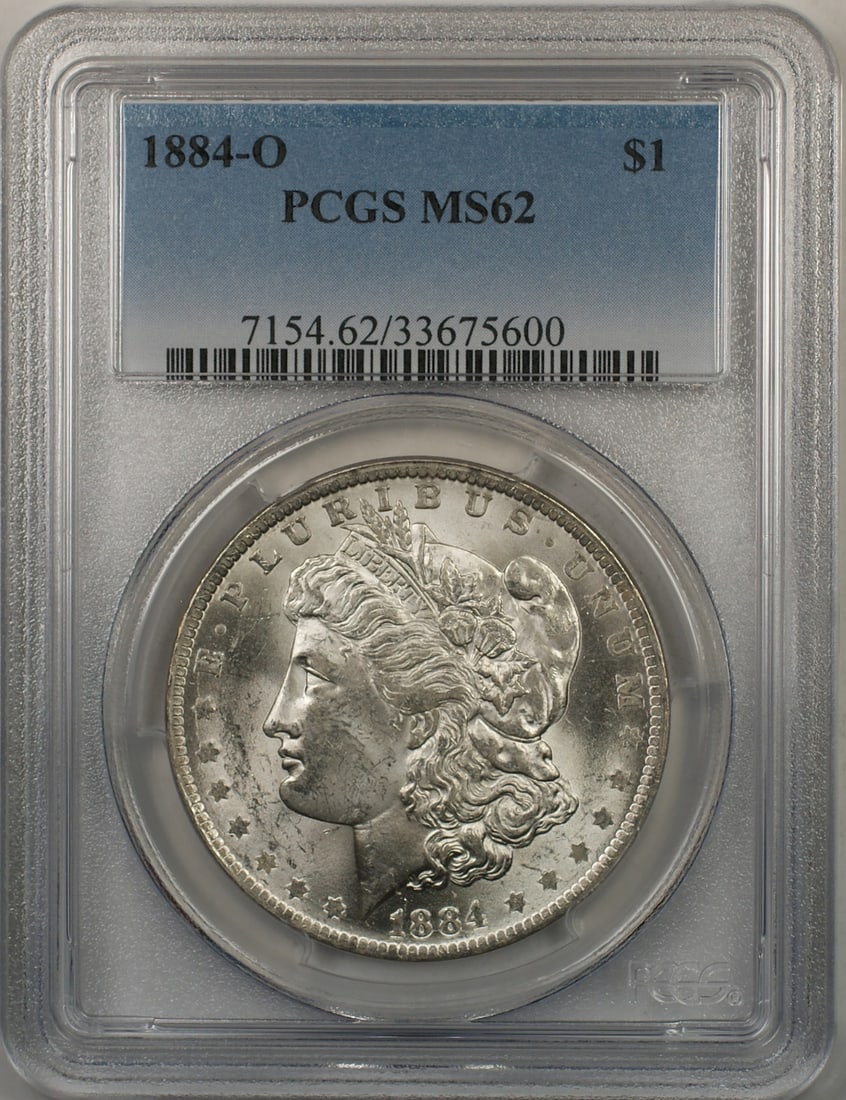PCGS MS-62 1884-O Morgan Dollar Silver Coin from New Orleans Mint: PCGS MS-62 1884-O Morgan Dollar Silver Coin from New Orleans Mint This is an 1884-O Morgan Silver Dollar $1 coin from the United States, minted in New Orleans. Certified by PCGS with a grade of MS-62,
