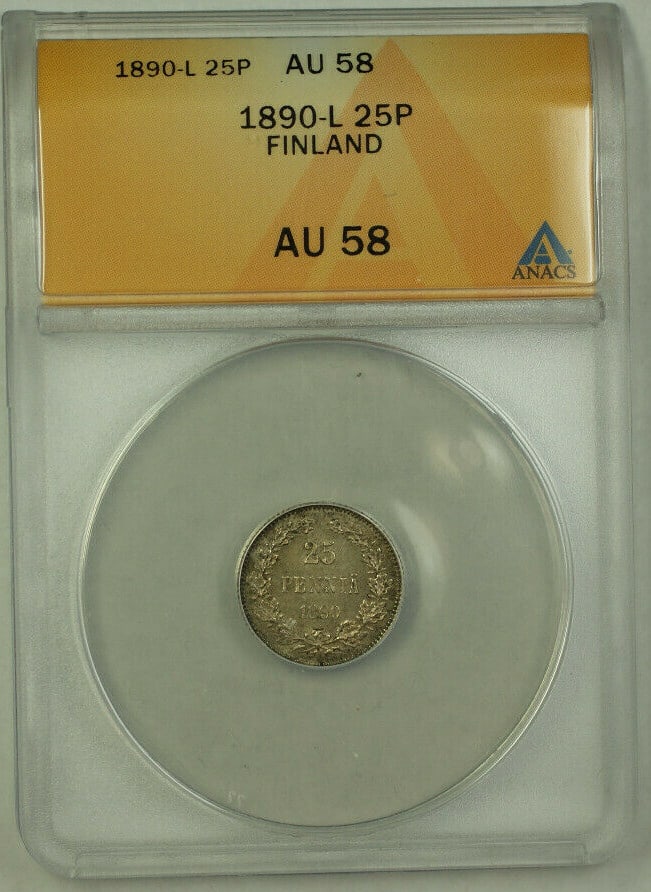 Finland 1890-L Silver 25 Pennia AU 58 ANACS Graded Toned Coin: Finland 1890-L Silver 25 Pennia AU 58 ANACS Graded Toned Coin This is a 1890-L Finland 25 Pennia coin, composed of silver and certified by ANACS with a grade of AU 58. The coin is toned and has been c