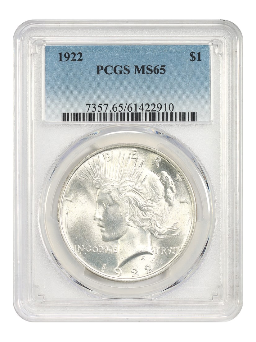 1922 Peace Dollar Uncirculated MS65 Graded by PCGS: 1922 Peace Dollar Uncirculated MS65 Graded by PCGS This 1922 Peace Dollar is graded MS65 by PCGS and is uncirculated. Struck in Philadelphia, it is a pre-owned collectible coin from the Peace Dollar s