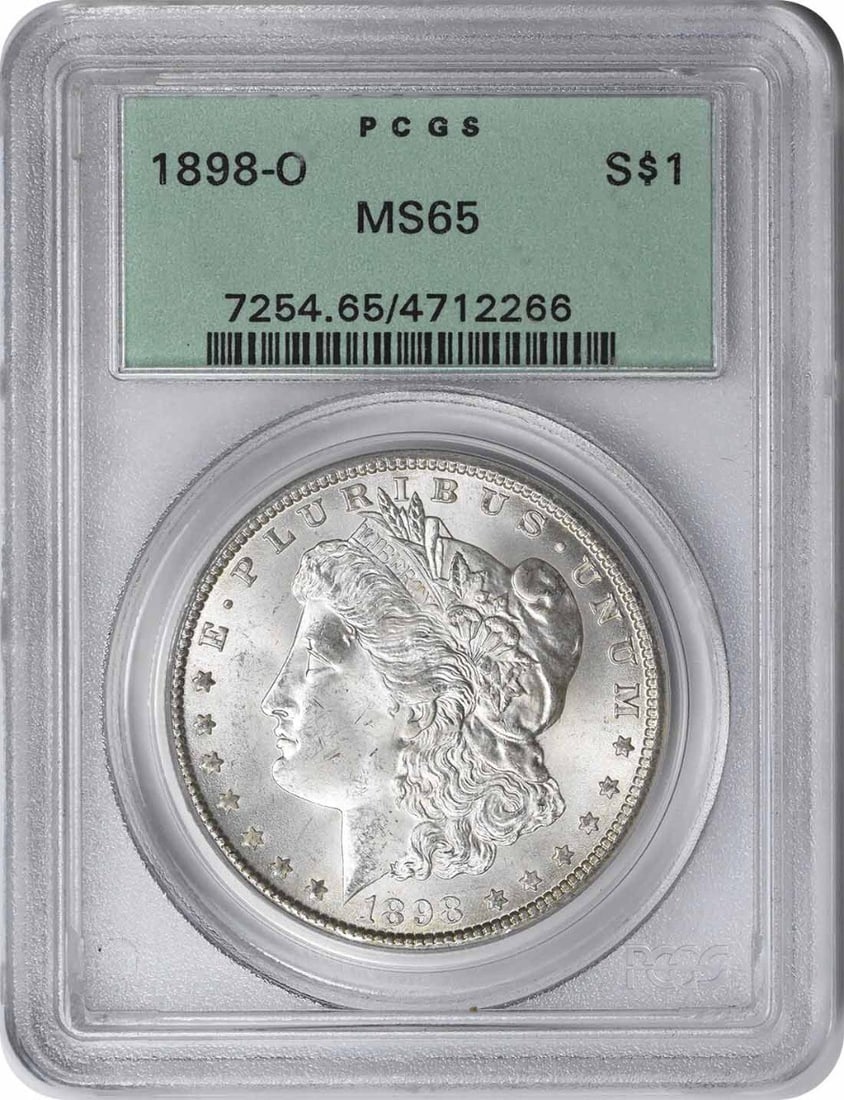 1898-O Morgan Silver Dollar PCGS MS65 Uncirculated Coin: 1898-O Morgan Silver Dollar PCGS MS65 Uncirculated Coin The 1898-O Morgan Silver Dollar is a prized collectible, showcasing the artistry of designer George T. Morgan. This uncirculated coin is certifi