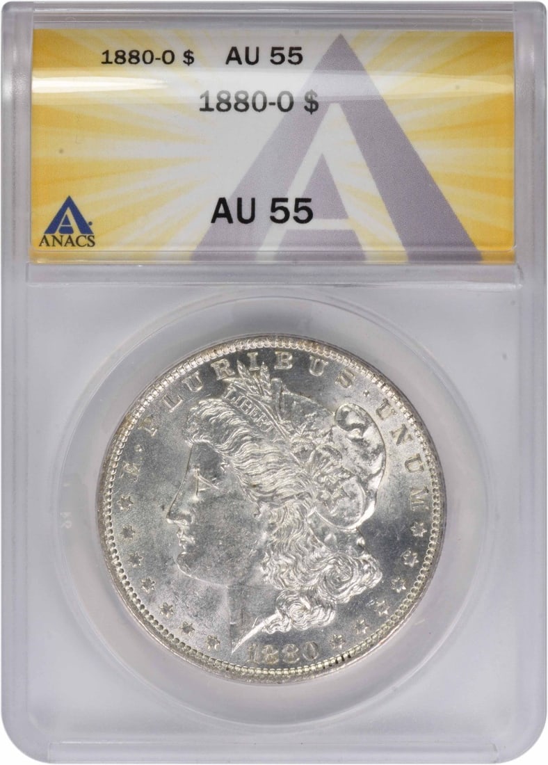 AU55 ANACS Graded 1880 New Orleans Morgan Silver Dollar: AU55 ANACS Graded 1880 New Orleans Morgan Silver Dollar This 1880-O Morgan Silver Dollar is graded AU55 by ANACS. Minted in New Orleans, it features a composition of 90% silver and 10% copper. Designe