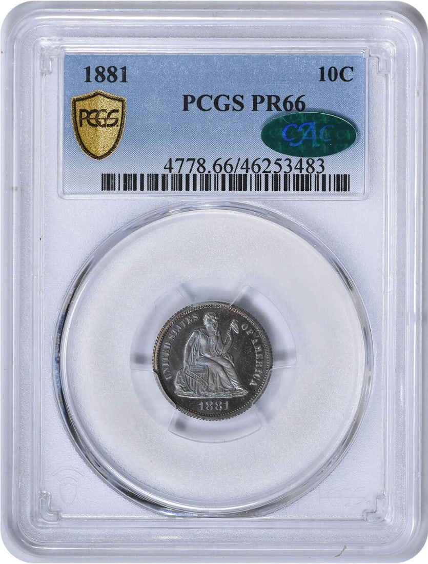 Proof 1881 Seated Liberty Dime PR66 PCGS CAC Blue Toned: Proof 1881 Seated Liberty Dime PR66 PCGS CAC Blue Toned This 1881 Liberty Seated Dime is a proof strike graded PR66 by PCGS and certified by CAC. Featuring attractive gunmetal blue toning, this coin w