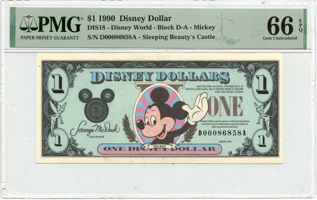 PMG GEM 66 EPQ 1990 Disney Dollar One Dollar Mickey Collectible Note: PMG GEM 66 EPQ 1990 Disney Dollar One Dollar Mickey Collectible Note This is a 1990 $1 Disney Dollar featuring Mickey Mouse, graded MS66 GEM 66 EPQ by PMG. The note is uncirculated and originates from