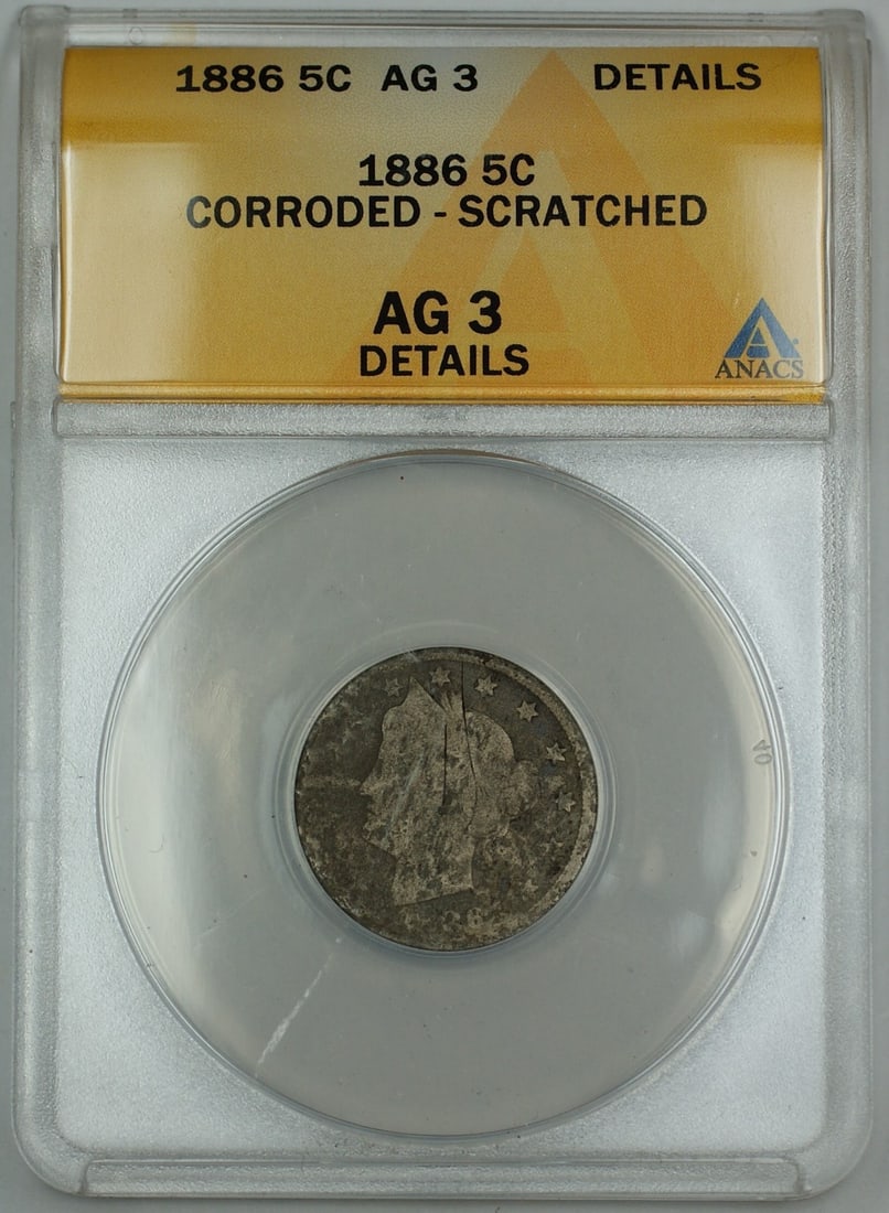 1886 Liberty V Nickel 5 Cent Coin ANACS AG-3 With Surface Issues: 1886 Liberty V Nickel 5 Cent Coin ANACS AG-3 With Surface Issues This is an 1886 Liberty V Nickel 5-cent coin, graded AG-3 Details by ANACS. The coin is circulated and shows evidence of scratches and